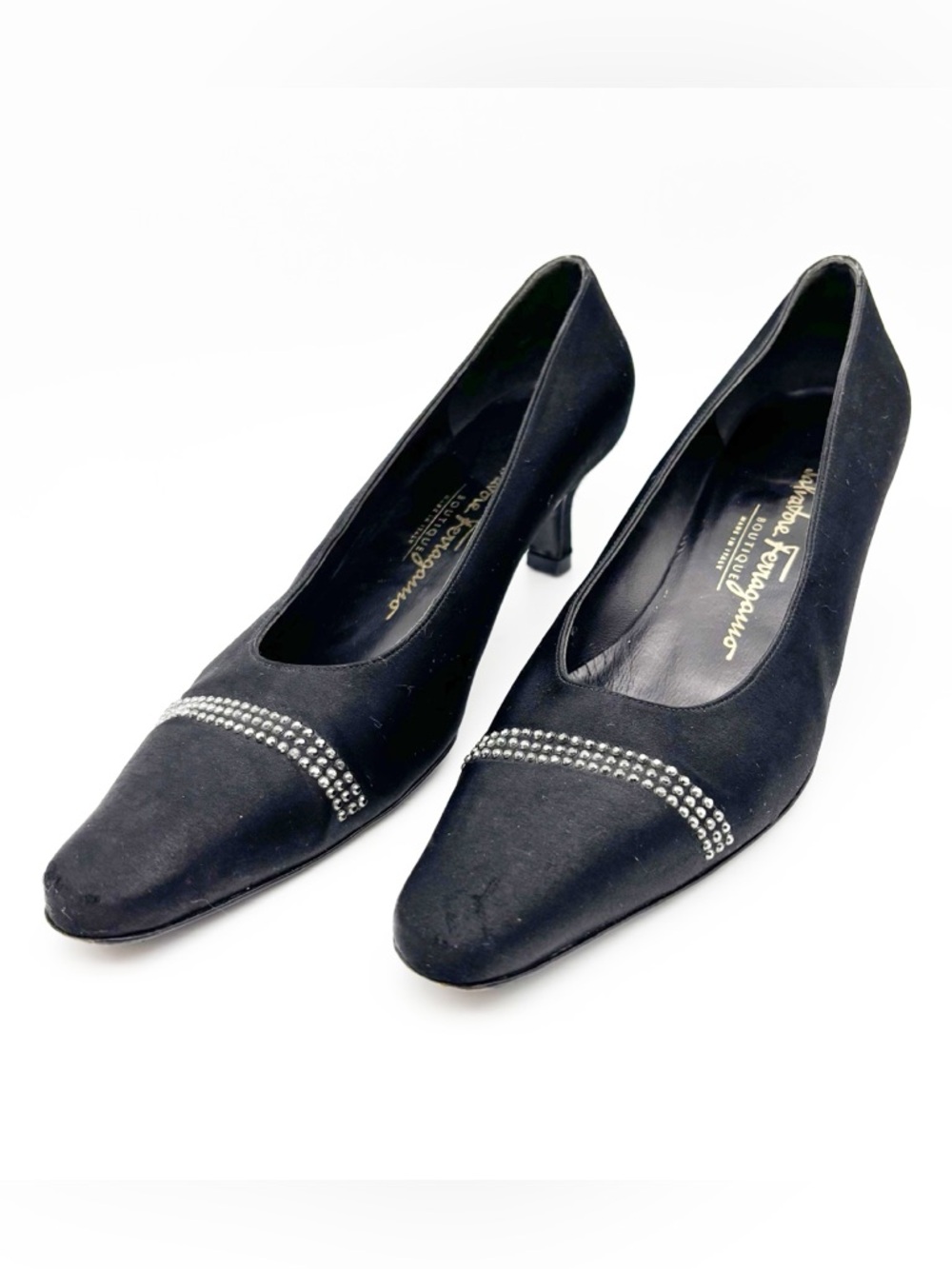 Salvatore Ferragamo Vintage Black Satin Kitten Heels Size 7.5